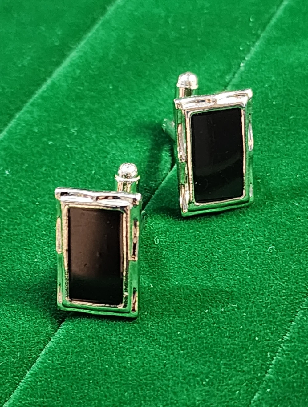 Vintage Silver & Black Rectangular Cufflinks - Classic Men's Accessory